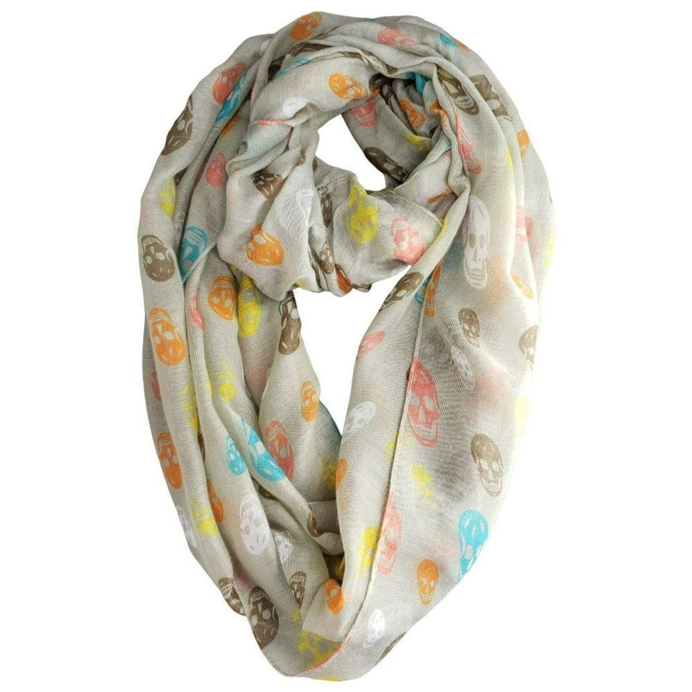 Multicolor Skull Print Infinity Scarf Beige Sheer Lightweight‎ Loop Scarf